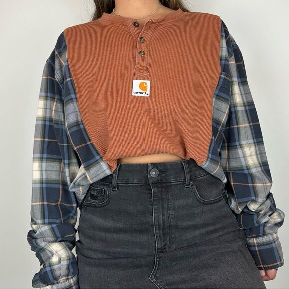 Carhartt Reworked Upcycled Brown Henley Loose Fit Long Sleeve Flannel Shirt Top - Picture 3 of 3